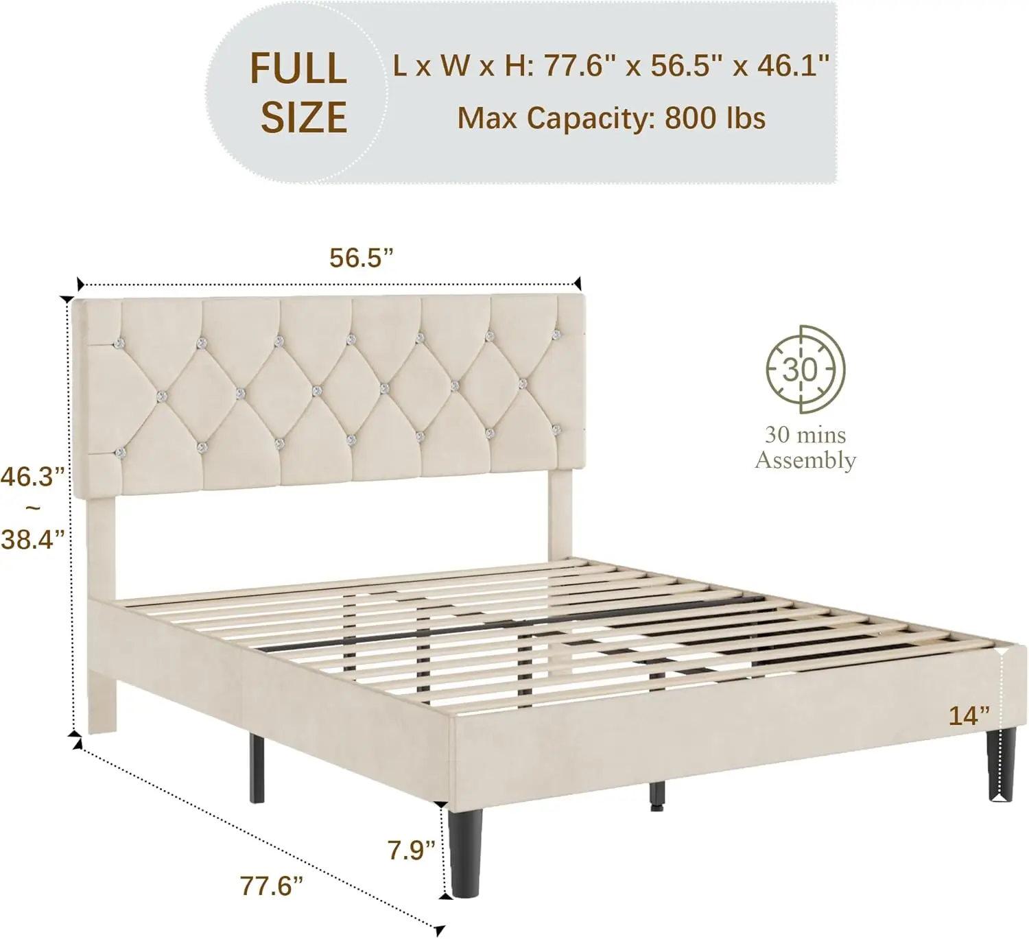 

Полноразмерный каркас кровати с изголовьем с ромбовидной тафтингом, каркас кровати на платформе с обивкой и опорой из деревянных планок, без коробчатой пружины, новый