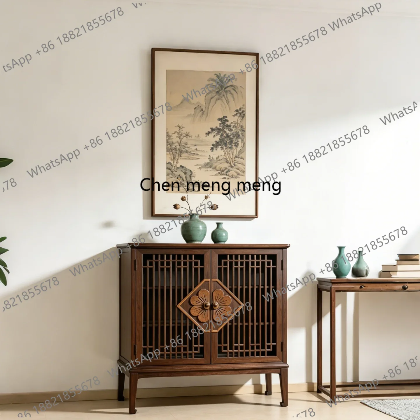 A74New Chinese solid wood dining edge, entrance cabinet, retro wind carved door panel storage, living room decorative cabinet