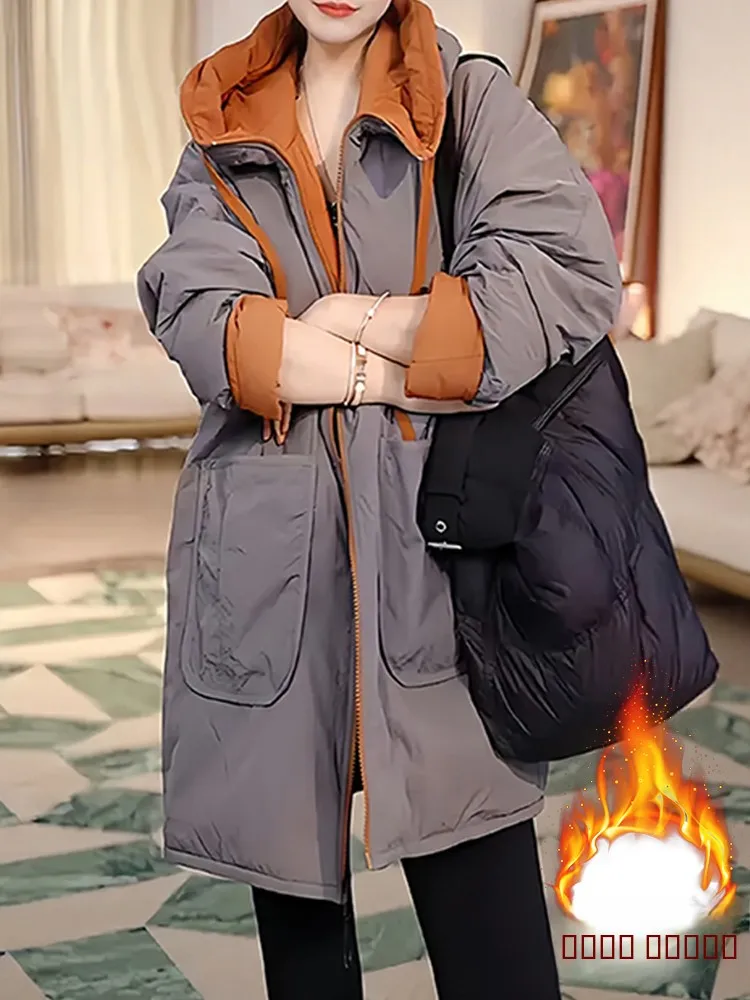 معطف مبطن بغطاء للرأس من Thiened Lazy Sle فضفاض مناسب للنساء من القطن Jaet متوسط الطول معطف كوري Sle للتنقل من ألياف البوليستر