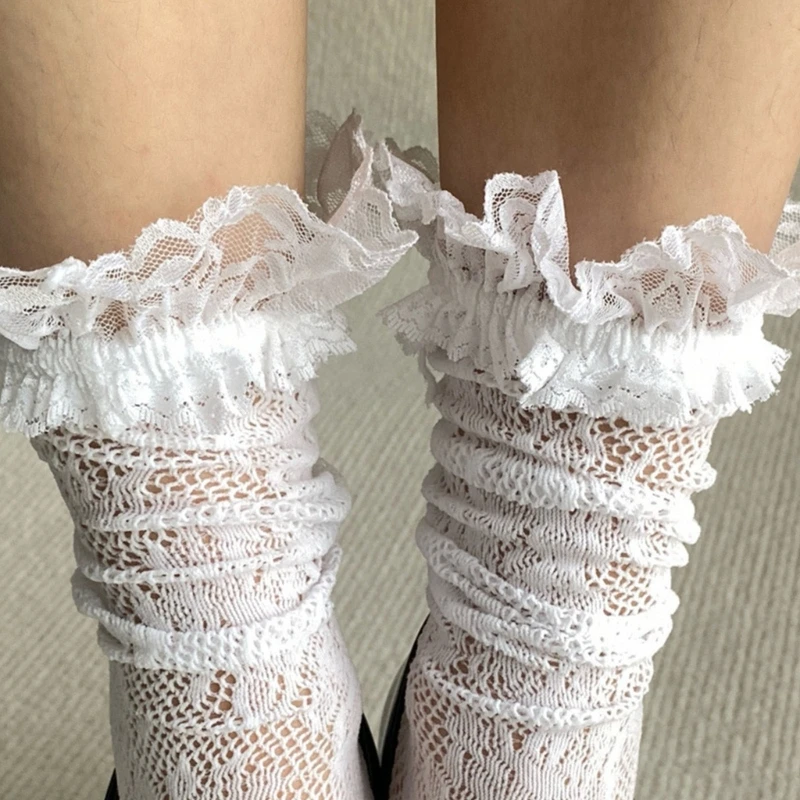 Ästhetisches Blumennetz für Damen, durchsichtige Wadensocken, Vintage, ausgehöhlt, durchsichtige Netzstrümpfe mit Rüschen,