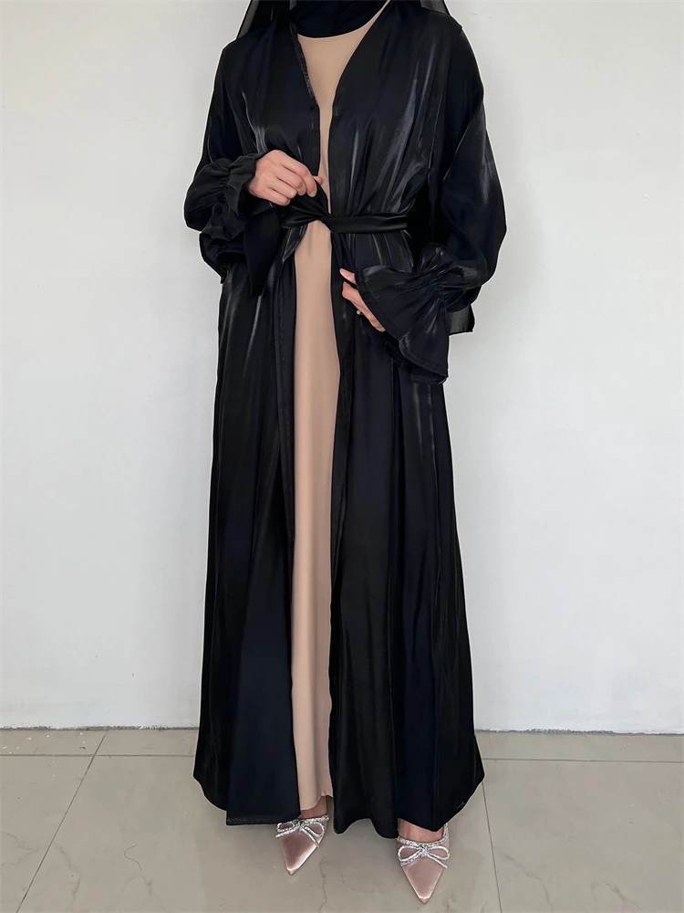 Ramadan Black Satin Muslim Kimono Abaya Turkey Islam Modest Hijab Dress Jalabiya For Women Kebaya Robe Femme Musulmane Kaftan