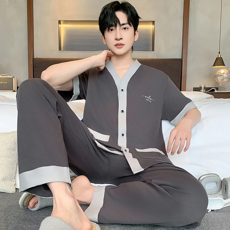 Summer V-Neck Pyjamas Male Pajamas Sets Solid Color Japanese Kimonos For Men Big Yards L-4XL Buttoned Cardigan Cotton Yukata