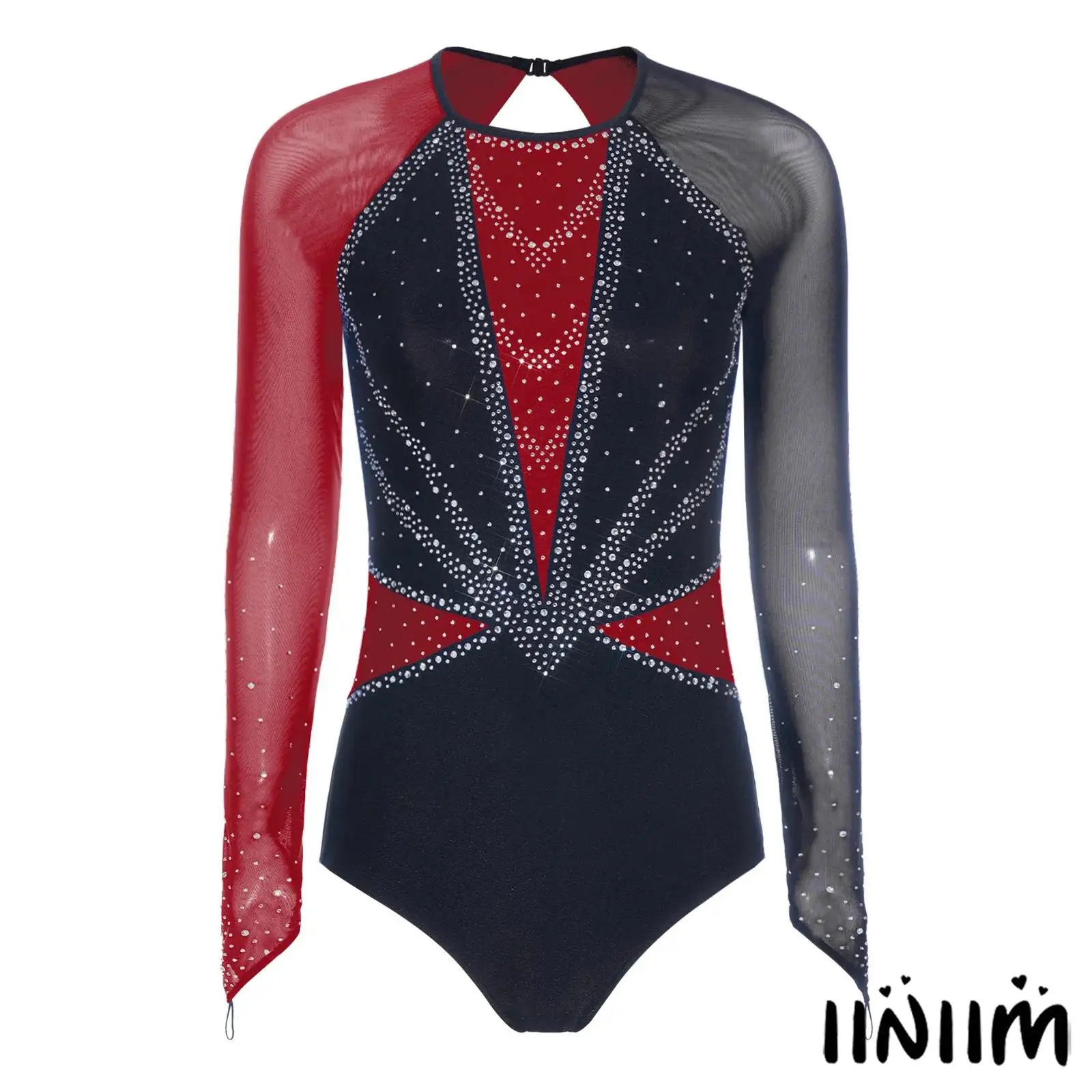 

Womens Ballerina Lyrical Dancewear Bodysuit Long Sleeve Rhinestone Glitter Color Block Mesh Gymnastics Figure Skating Leotard