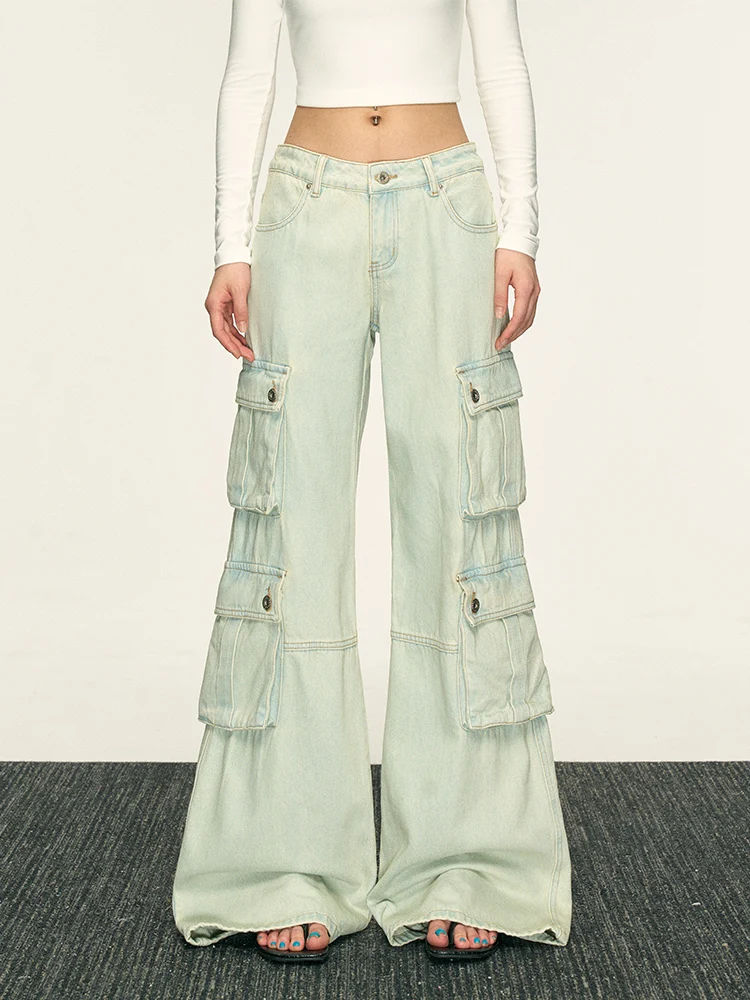 Aaisup American Retro Washed Workwear Jeans Women's Spring Autumn Design Sense Small Pocket Wide Leg Casual Pants