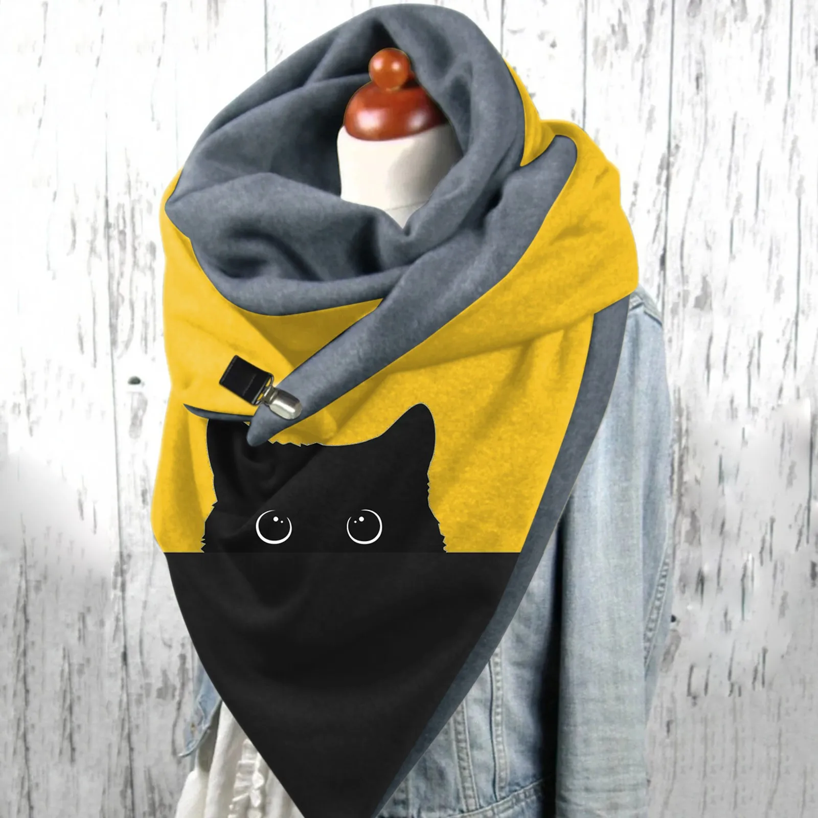 2022 Black Cat Printing Winter Scarf For Women Button Soft Wrap Plus Velvet Warm Scarves Shawls Echarpe Foulard Neck Wraps шарф