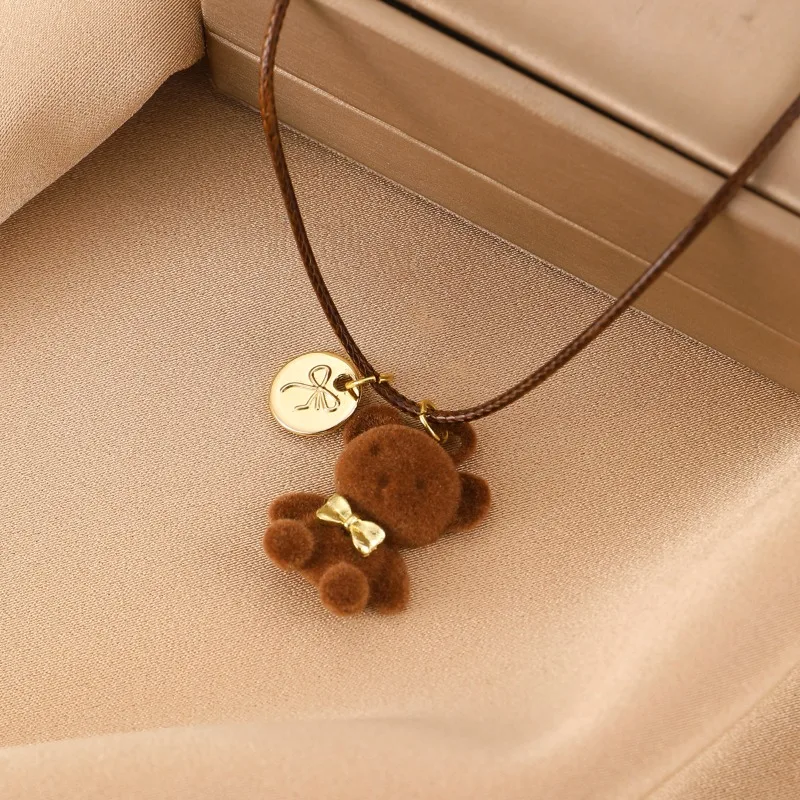 2025 new cute velvet bear bow necklace women's fashion accessories long black rope sweater chain