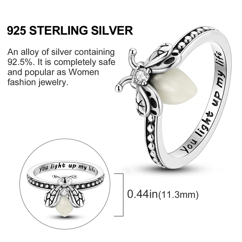 Charms Silver 925 Original Glow-in-the-dark Fireflie Rings For Quirky Punk Skull Ring Women Luxury DIY Jewelry Making Party Gift
