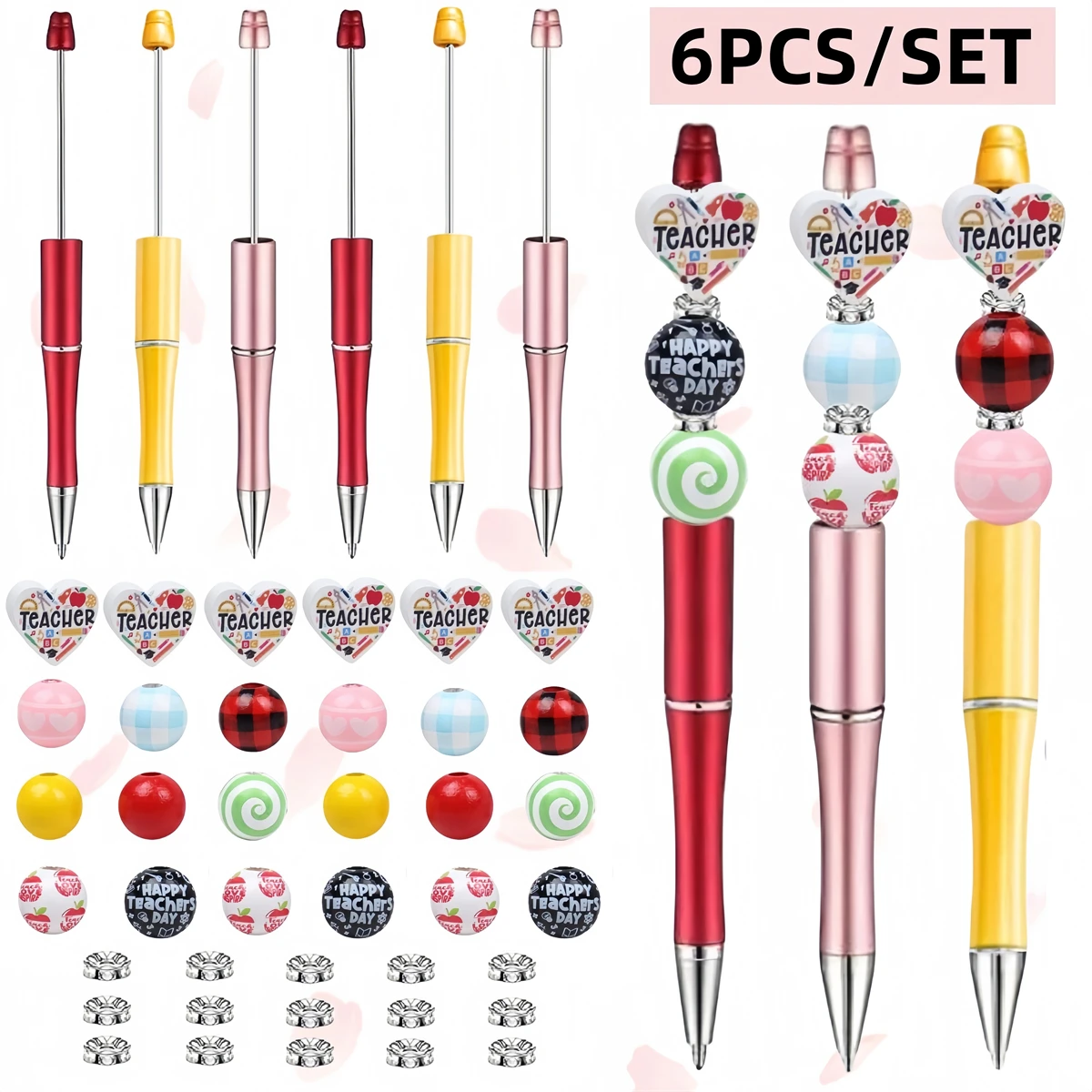 6 pcs DIY bead ballpoint pens for Teacher theme, suitable as gifts for teachers, mentors, professors, friends ,office and study