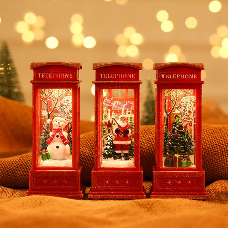 Merry Christmas Decoration Desktop Ornament Luminous Telephone Booth With Snowman Tree Santa Claus Christmas Decoration For Home