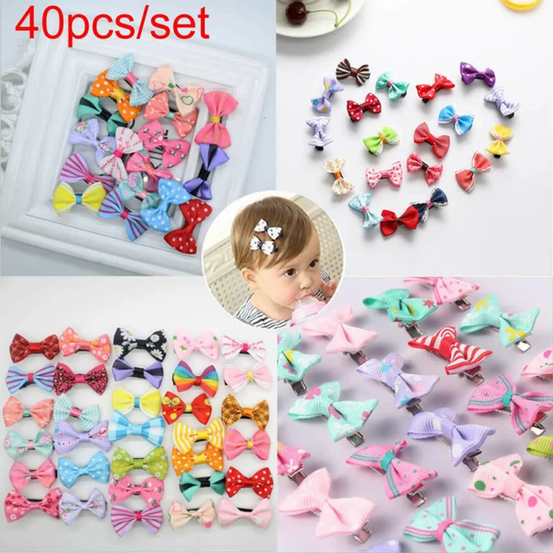 40Pcs Baby Girl\'s Barrettes Bow Ribbon Hair Bow Clips Print Flower Hair Clip Hairpins Kids Hair Butterfly Decor Accessories