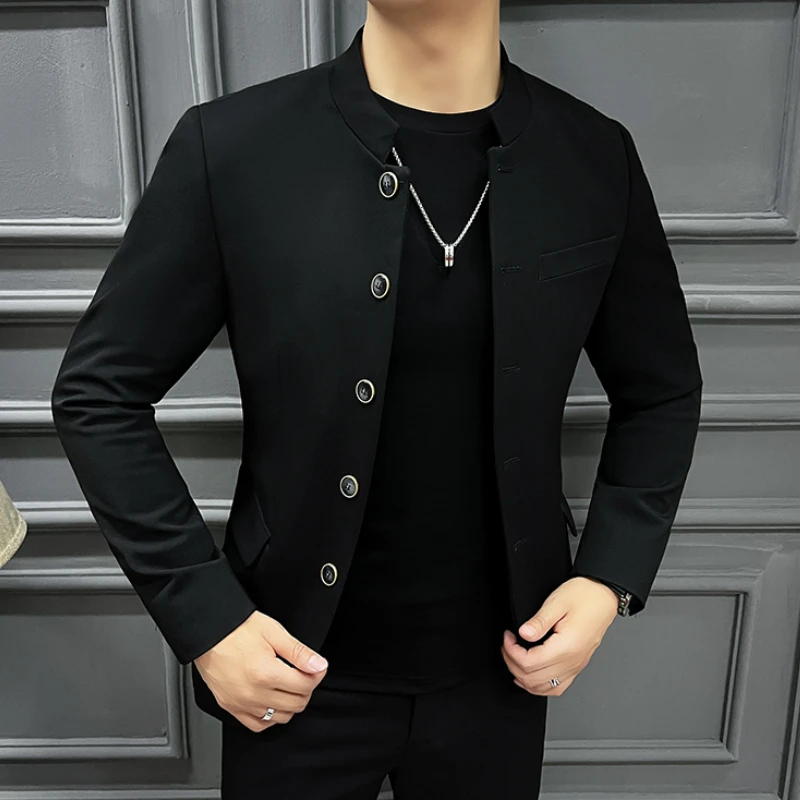 2024 Spring Blazer Jacket Men's Standing Collar Casual Business Blazer Wedding Groom Banquet Social Party Dress Coats M-4XL