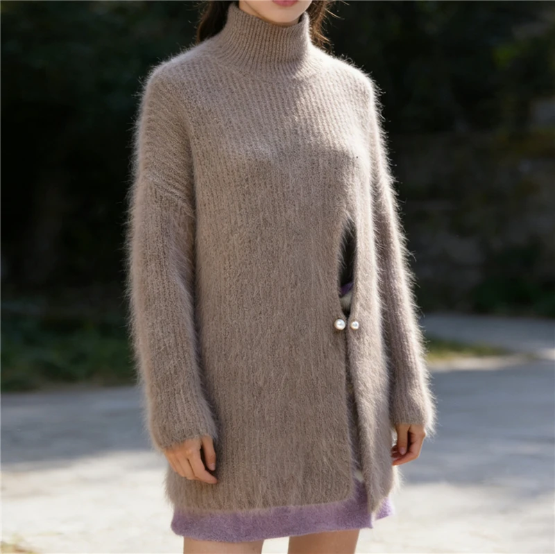 

Женский модный вязаный свитер-джемпер из ангоры с полосками, высоким воротником и длинными рукавами, свободного кроя, для осени и зимы