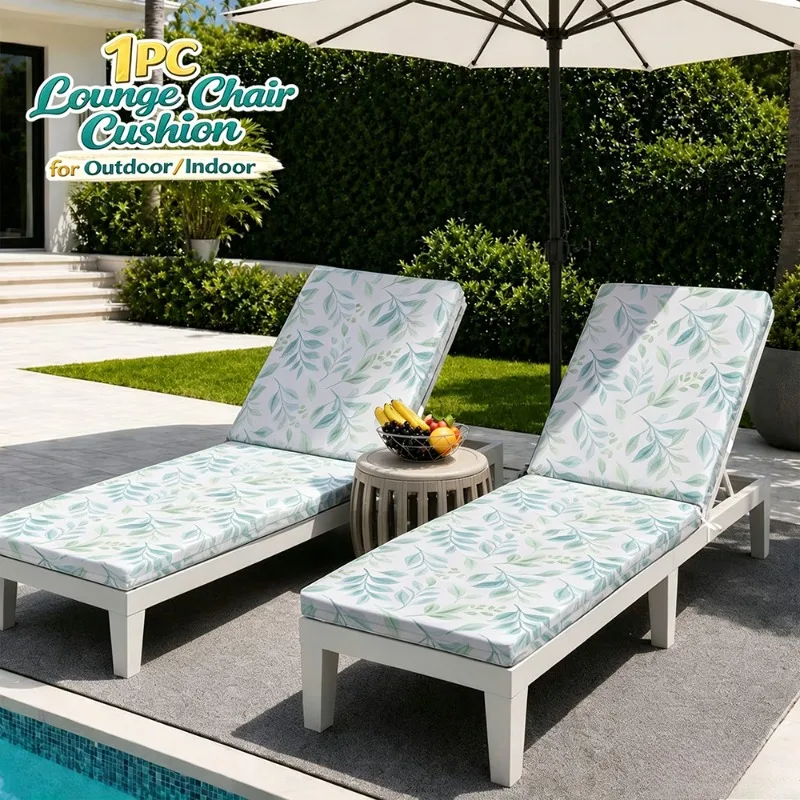 Green Leaf Print Outdoor Lounge Chair Cushion, High Resilience Foam Tear-Resistant Seat Pad for Garden Beach Indoor Outdoor Use