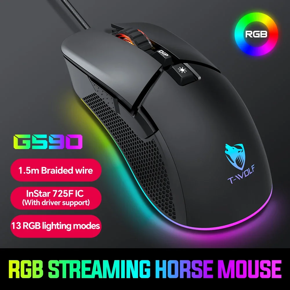 7200 DPI Adjustable Wired Gaming Mouse, Ergonomic, 7 Buttons, 13 RGB Light Modes Compatible with PC Laptop Windows MacOS