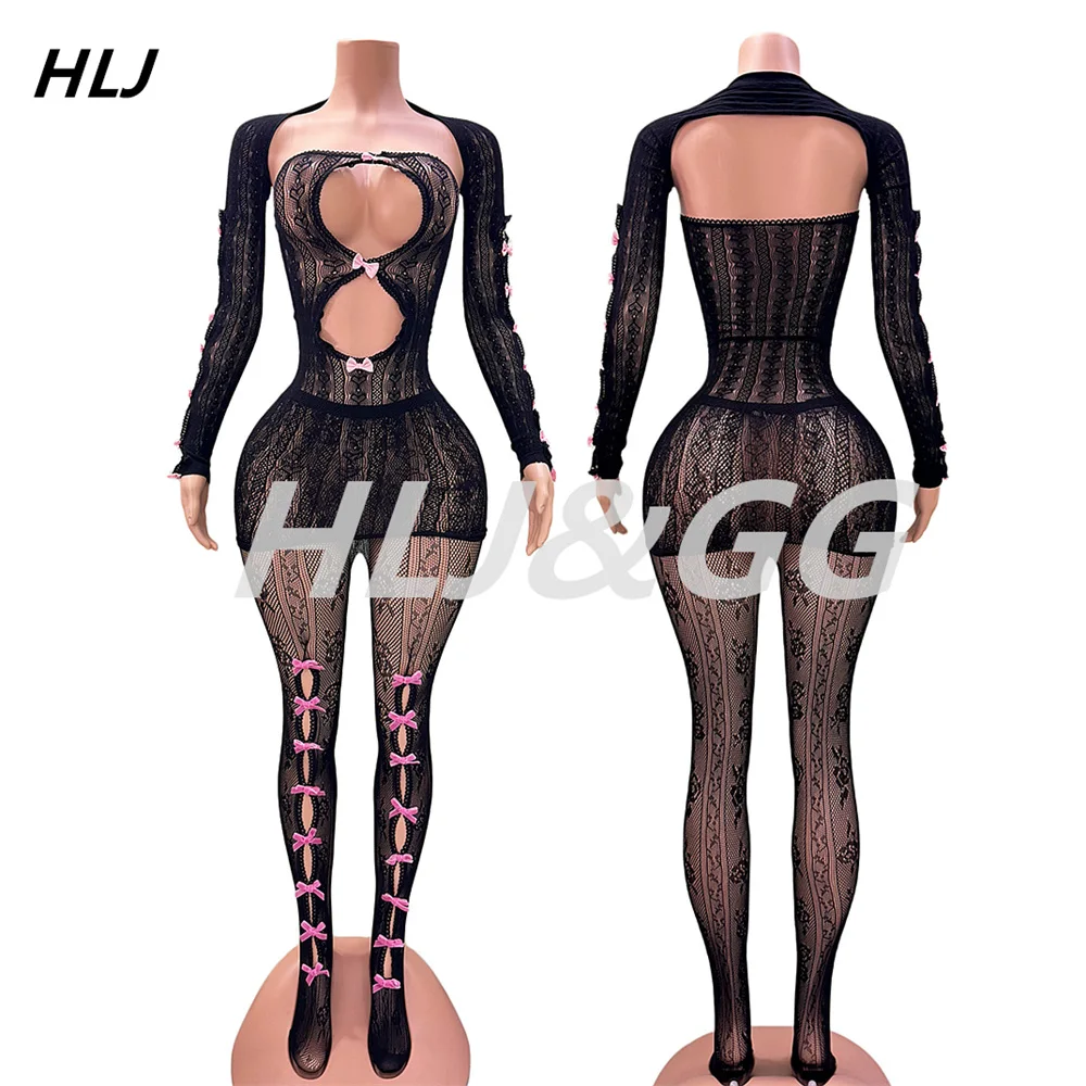 HLJ Black Sexy Mesh Hollow Bow Bodycon Mini Dresses Women Long Sleeve Sheer Slim Nightclub Vestidos Female Perspective Clothing