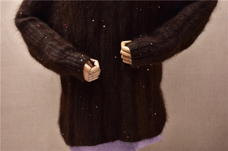 Dames femmes automne hiver mode perles paillettes poilu Angora lapin cheveux tricoté col rond manches longues Pull ample Pull Pull