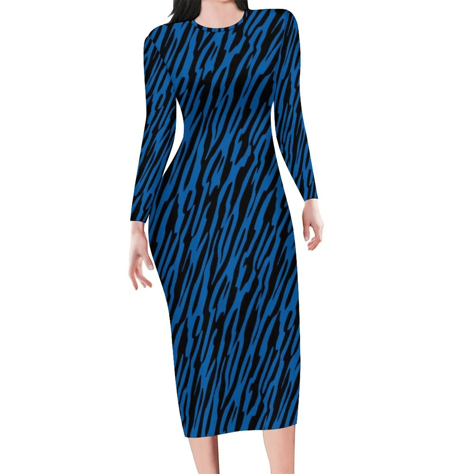 Crazy Zebra Dress Long Sleeve Blue And Black Stripes Vintage Dresses Spring Women Street Style Design Bodycon Dress Big Size 5XL