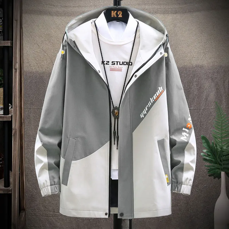 

Модная лоскутная рабочая одежда для мужчин, весна-осень 2024, новинка 2024, джерт средней длины с капюшоном для мальчиков-подростков, повседневная одежда из полиэфирного волокна