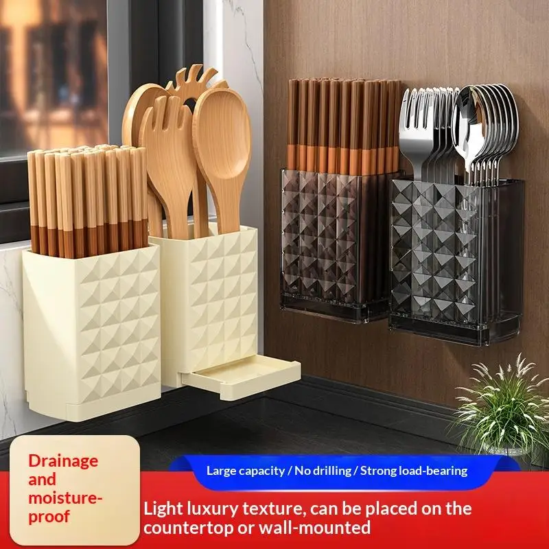 Hot Wall Mounted Chopstick Storage Box No-Drill Large Capacity Chopstick Holder Detachable With Drain Rack Cutlery Drying Basket