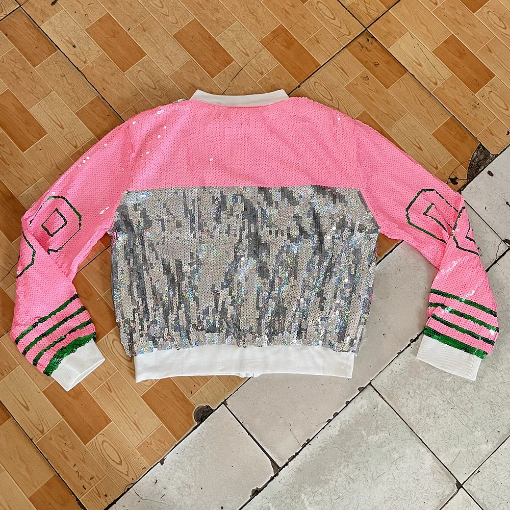 Long O-neck pink green 08 social event sequin flash club jacket