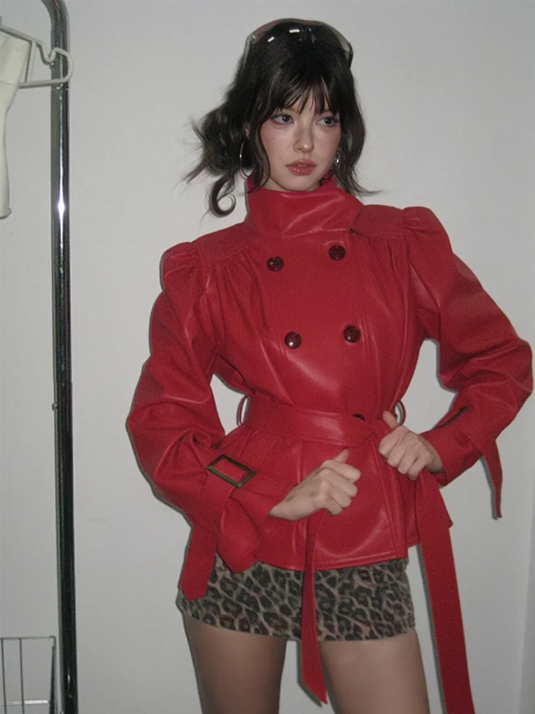 Spring autumn Stand up collar red skin temperament Pu Leather short jacket Leather coat women's 2025 new