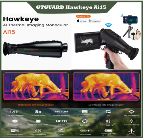 Kamera termowizyjna ręczna 2026 GTGUARD Ai15 do polowań, dzień/noc, przenośny monokular termowizyjny do celowania i obserwacji.
