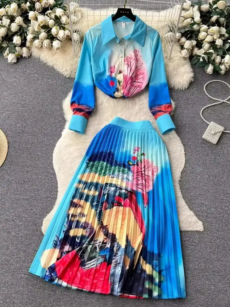 

Осенний праздничный синий градиент цвета с цветочным принтом, комплект из двух предметов, женская рубашка с длинными рукавами, топ + плиссированная юбка до середины икры, костюмы