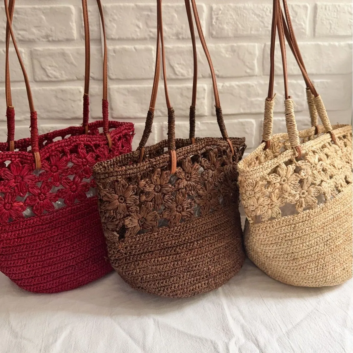 2026 Bohemian Raffia Flower Crochet Bag  Handmade Hollow Woven Beach Tote, Large Bucket Shoulder Bag for Women Summer Vacation
