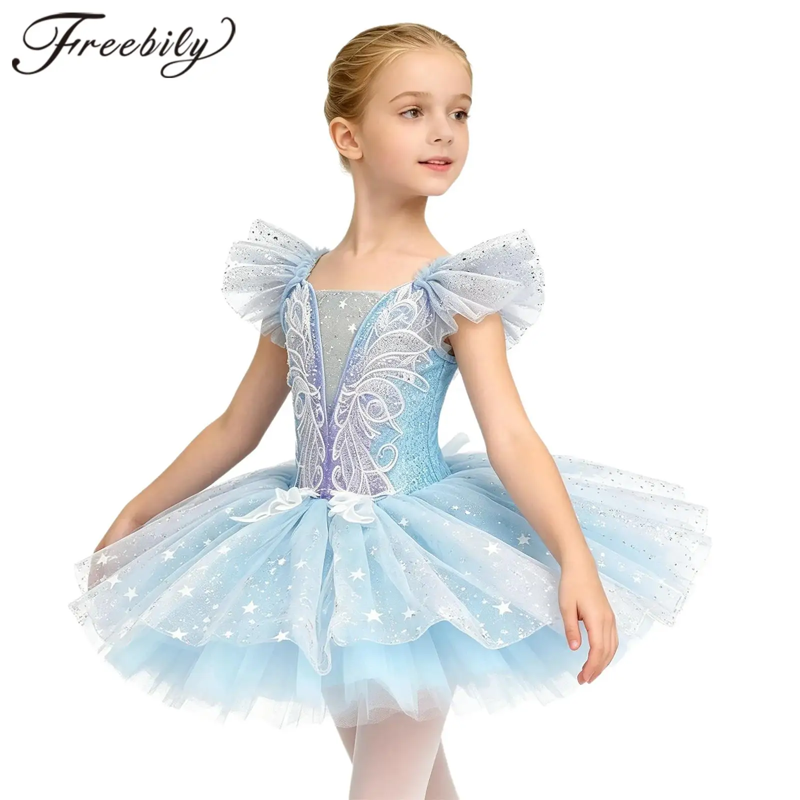 Kids Ruffled Sleeves Sequin Tulle Tutu Dress Princess Embroidery Ballerina Ballet Dress for Girls Stage Performance Costumes