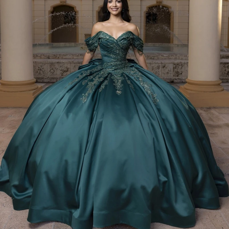 

Dark Green Shiny Quinceanera Dresses Ball Gown Off Shoulder Gold Applique Lace Beading Crystal Bow Birthday Payty Sweet 16 Dress