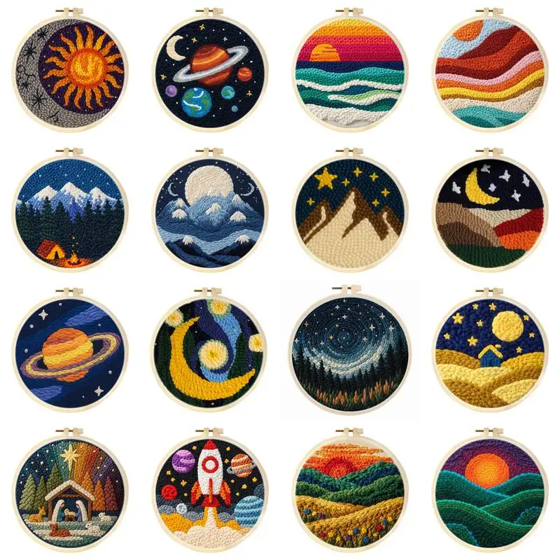 20x20cm Punch Needle Kits For Beginner DIY Poking Embroidery Frame Starry Night Landscape Sewing Kit Craft Gift for Women