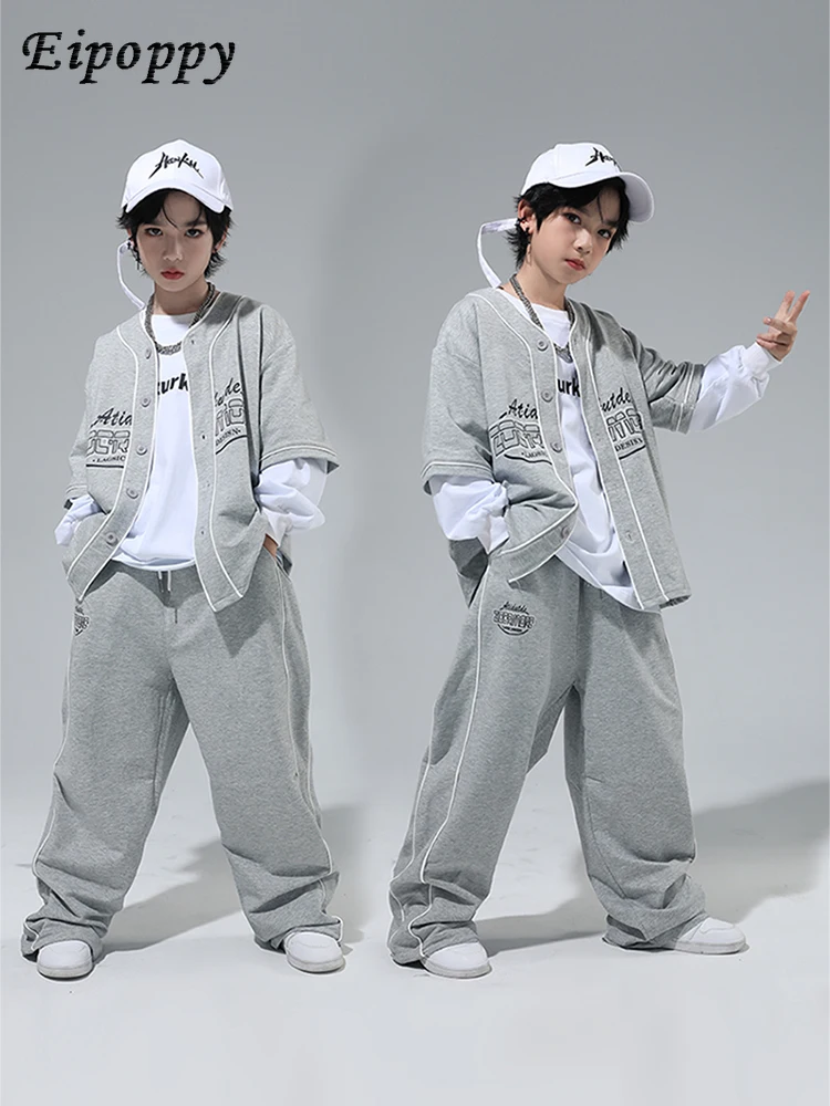 Children's Hiphop Hip Hop Child's Clothing Cool Handsome American Flower Gray Baseball Uniform Fried Street Children's Clothing