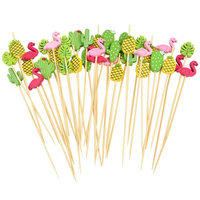 

100pcs Flamingo Bamboo Pick Cactus Pineapple Palm Leaf Desserts Stick Cocktail Skewer Fruit Fork for Summer Hawaiian Party Decor