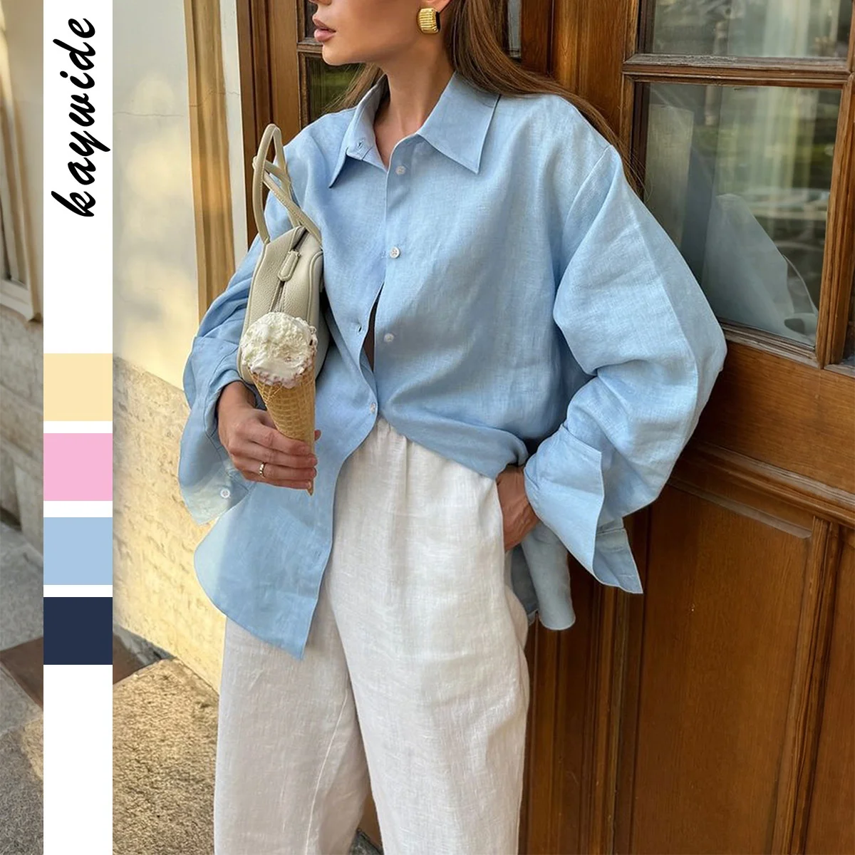 

Повседневная хлопковая женская рубашка с длинным рукавом, однотонная, для лета и весны, для отпуска, трансграничная модная коллекция, стройнящий крой