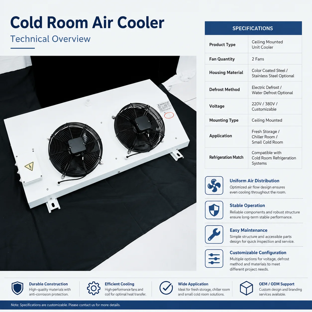 Clevier Water Defrost Cold Room Unit Cooler 220V 380V Customized Evaporator for Medium Large Cold Storage R404A/R507 Refrigerant