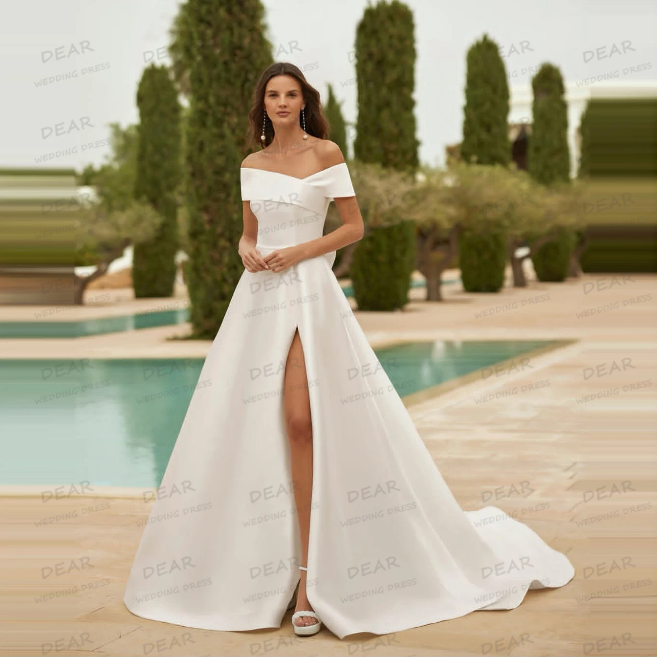 

Simple Off Shoulder Women's Wedding Dresses A Line Bride Gowns Sleeveless High Split Satin Backless Vestidos De Novia Customized