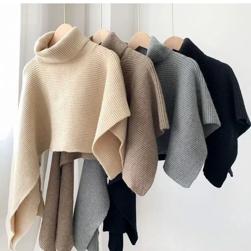 Turtleneck Pullover Sweater Shawls Women Sleeveless Jacket Autumn Winter Tops Knitted Scarf Irregular Coats Korean Chic Scarves