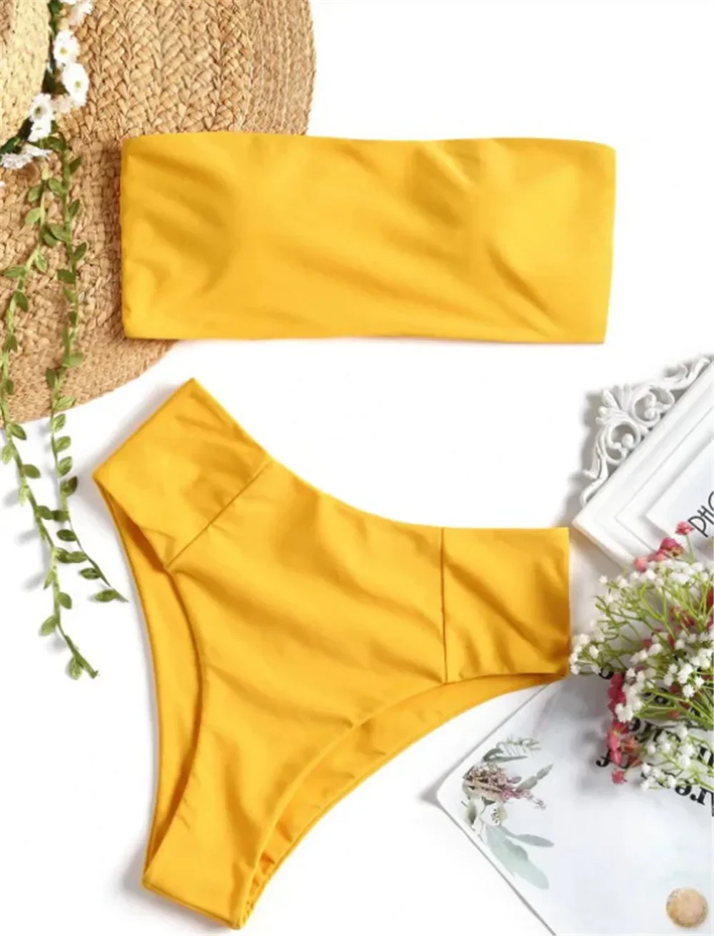 Bandeau Bikini 2021 Women Solid Yellow Push Up Off Shoulder Swimwear Female Bathers Bathing Suit High Waist Swimsuit Biquini