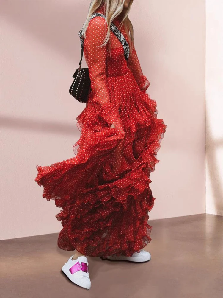 Sxthaenoo chique polka-dot vestidos femininos mangas compridas em camadas a linha vestidos de festa moda diária escritório tornozelo comprimento vestidos de noite
