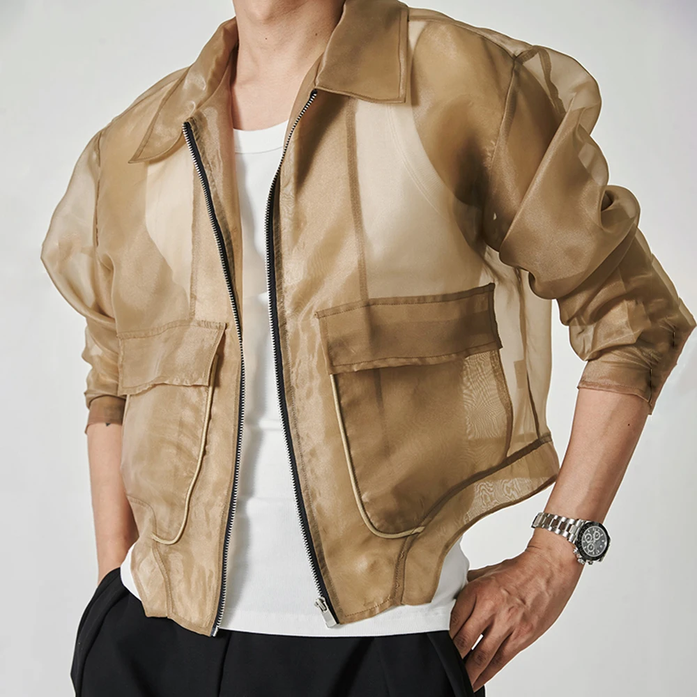 Mode Herren Mantel Jacke trend ige Marke europäischen Design Party neuen Herbst sexy Mesh durchsichtige Langarm Reiß verschluss Top Oberbekleidung