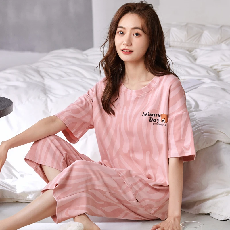 

New Summer Fashion Printing Plus Size M-3XL Sleepwear for Young Girls Soft Cotton Pajamas Women's Calf-length Pants Home Suit