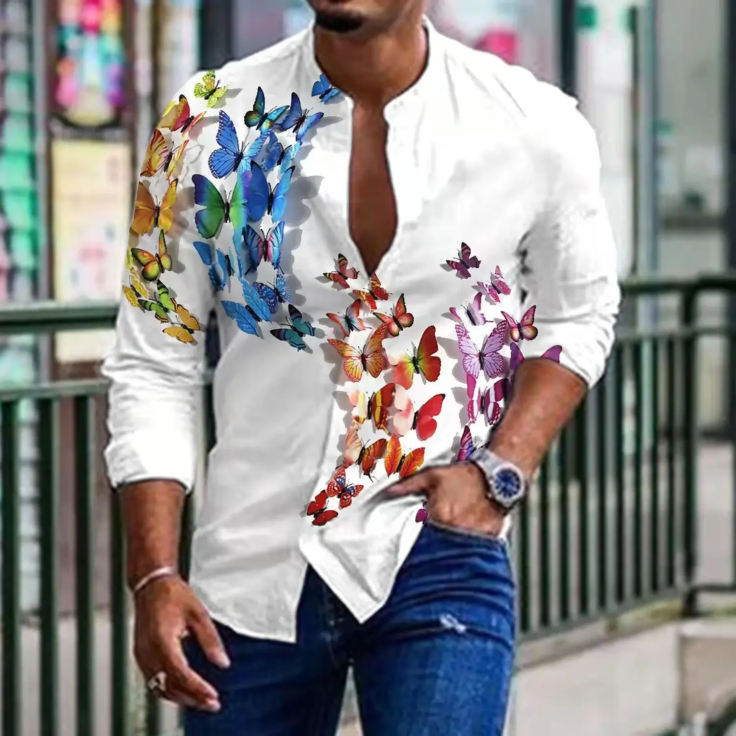 Men Shirts Spring Summer Vintage Printed Long-sleeved Thin Button Imitation Linen Loose Shirt For Men Large Size Casual Clothes