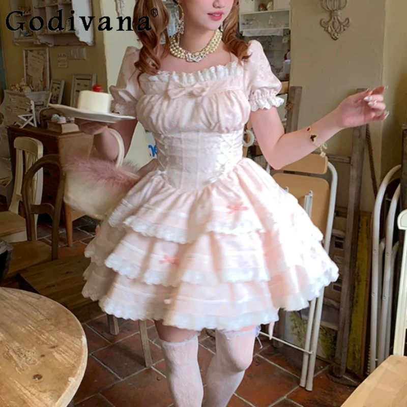 

Spring Summer Sweet Girl Pink Square Neck Short Sleeve Lolita Cake Dress Fashion High Waist A-line Age-Reducing Princess Dresses