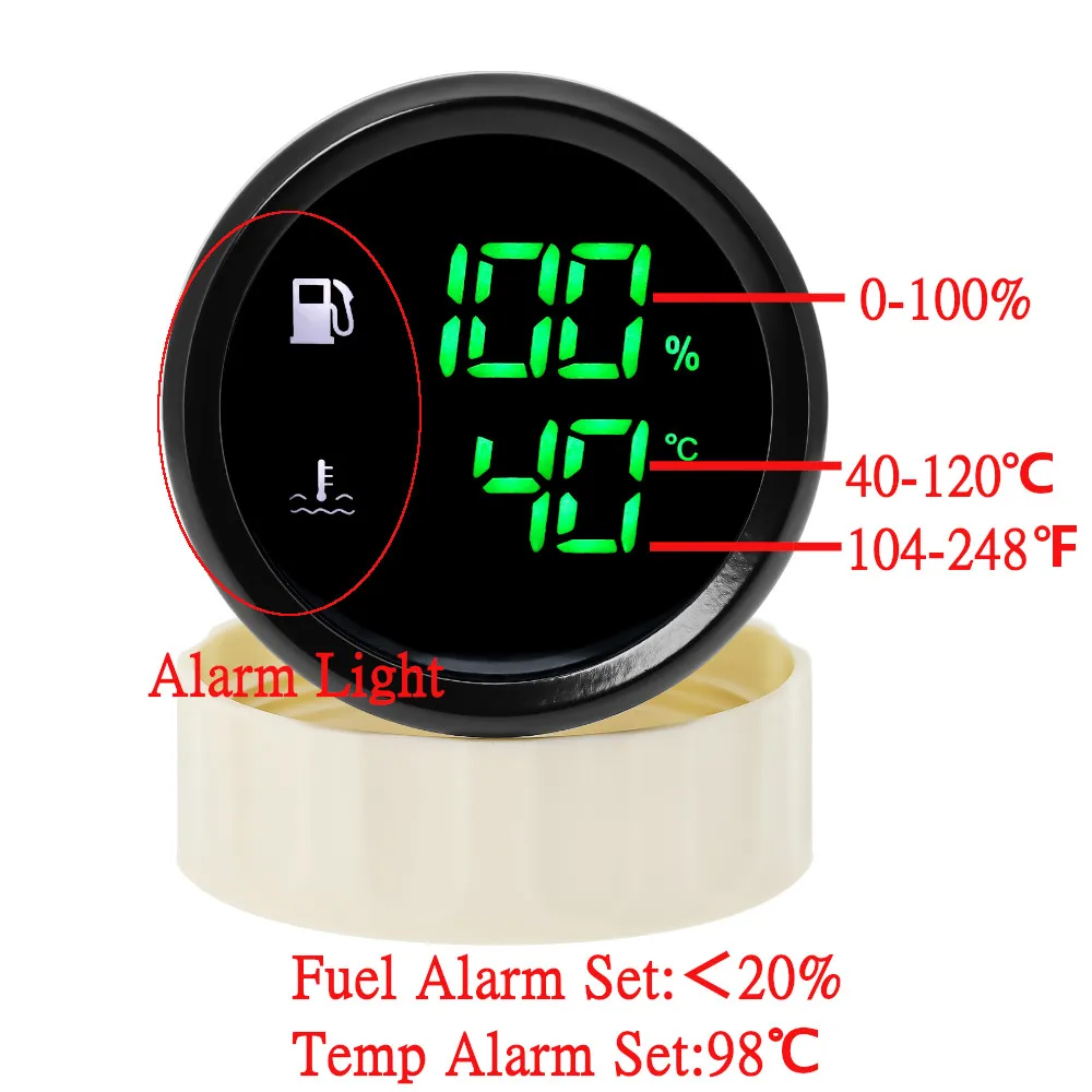 52mm Digital Gauge 2 In 1 Gauge Fuel/Water Level Gauge Voltmeter Water Temp HTG Sewage Level Meter With Alarm For Boat Car Truck