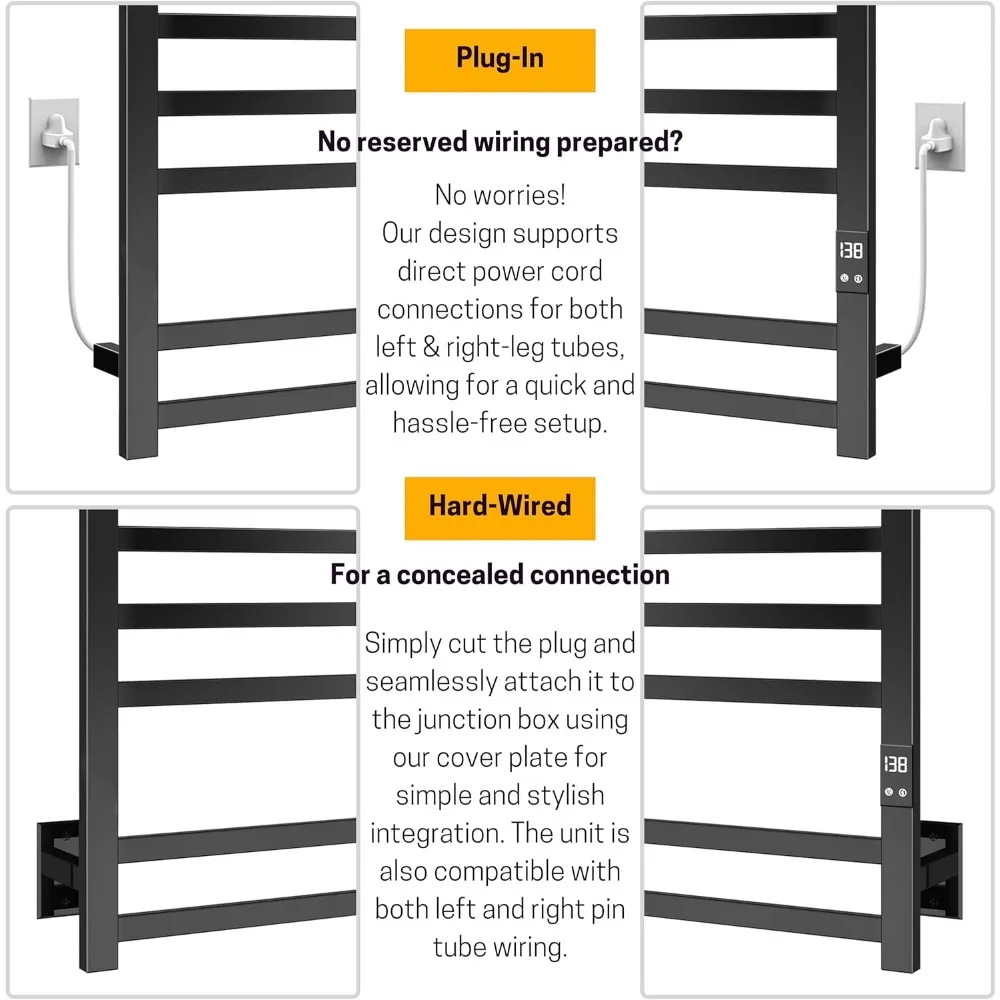 8-Bar Towel Warmer with Fast Heating, Auto Shut-Off Timer, Black Finish - Hardwired or Plug-in Options - Ideal for Hot Towels