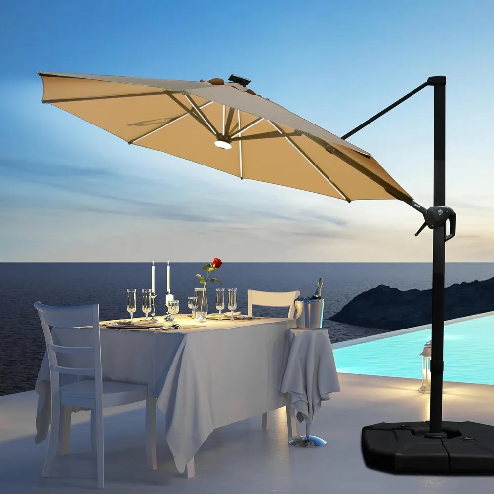 

Domi 10FT Cantilever Patio Umbrella Solar Powered LED Round Deluxe Offset Umbrella, Aluminum Hanging Umbrella with 360°Rotation,