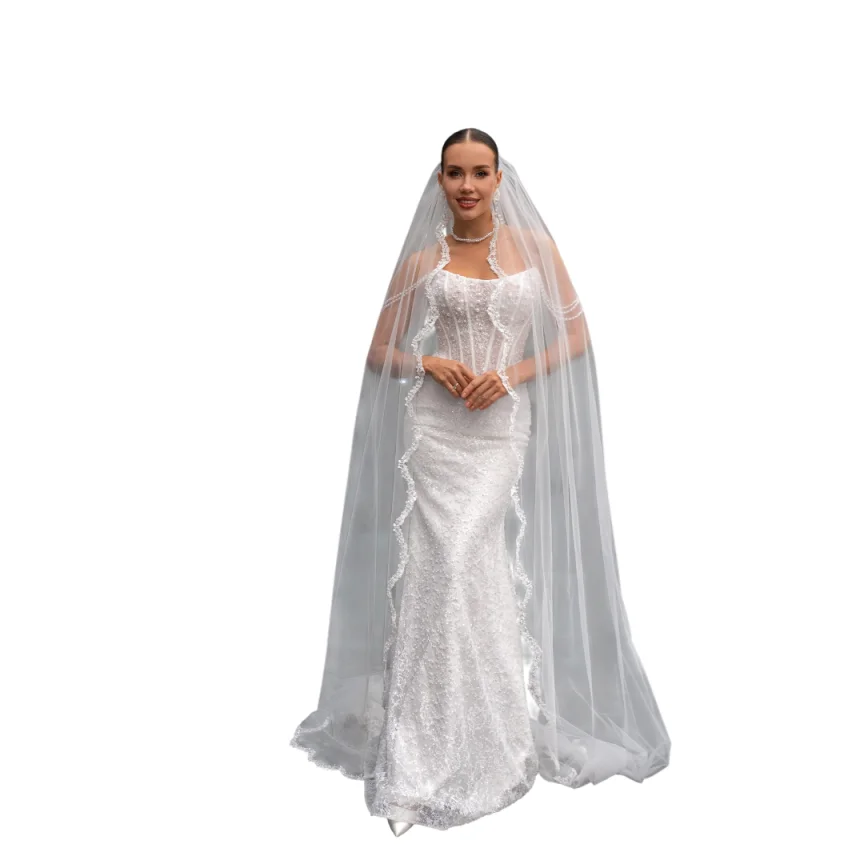 Vintage Bridal Veil Multi Layer Sheer Tulle Delicate Scalloped Lace Edge Flowing Floor Sweeping Train Wedding Reception Formal