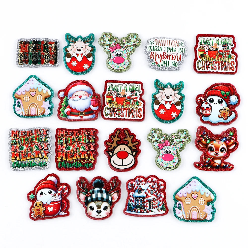 

6Pcs Christmas Acrylic Resin Planars Santa Claus Snowhouse Elk Cane Candy Text Handmade Materials for DIY Badge Card Cover