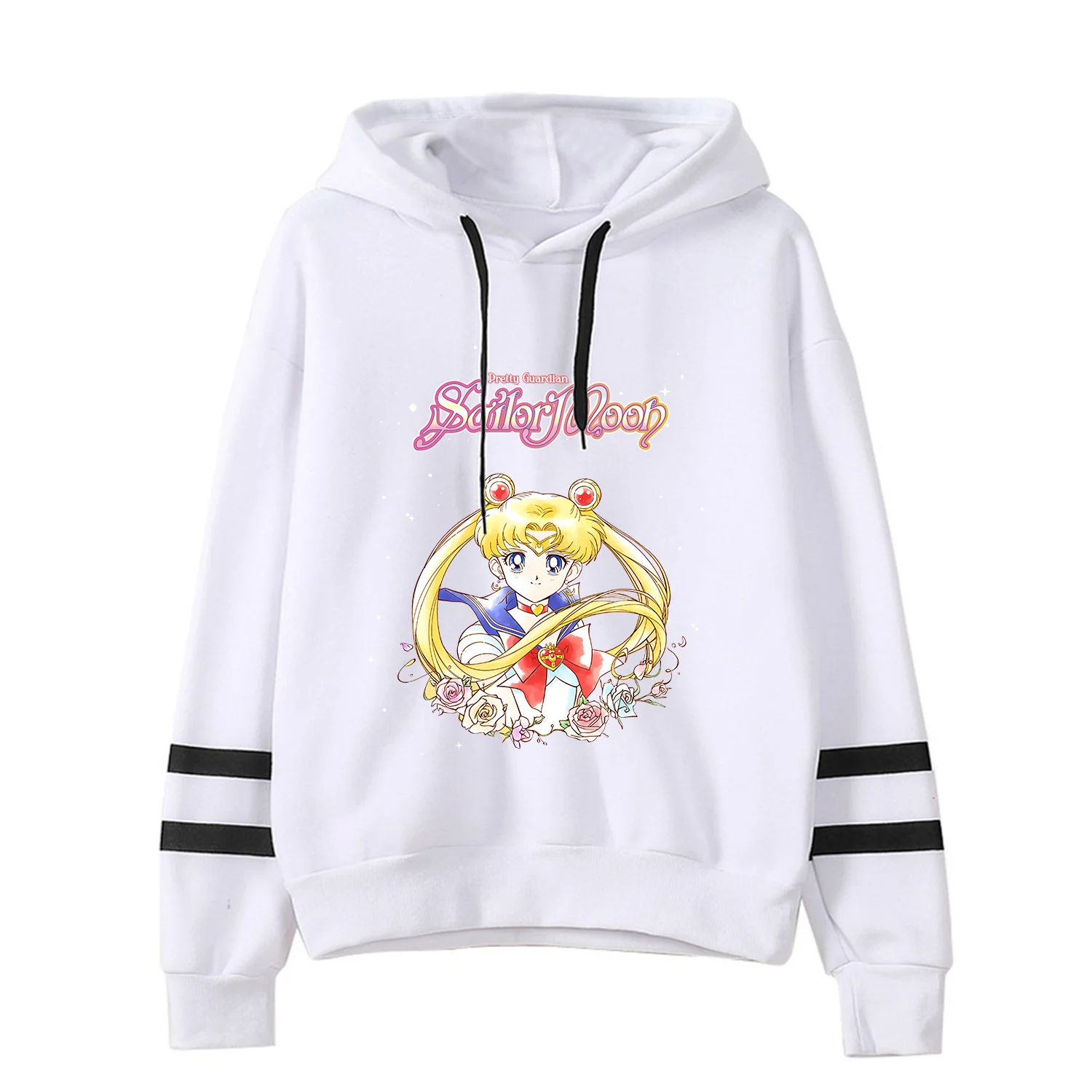 Sailor Moon Hoodie for Women White Black Long Sleeve Anime Printed Hooded Striped Sweatshirt Y2k Casual Sporty Adult Clothing