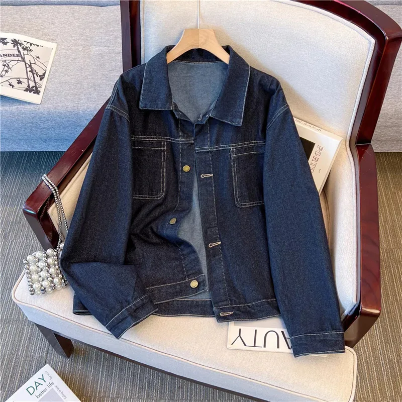 

Vintage Washed Dark Blue Denim Jacket Female Autumn Casual Loose Lapel Single-Breasted Long Sleeve Women Short Cowboy Outerwear